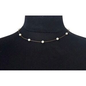 14k Yellow Gold Floating Pearl Station Vintage Collar Necklace 16in - 3.57g